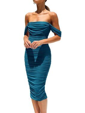 Women's Lake Blue Off Shoulder Bodycon Tube Midi Stretchy Mesh Party Dress